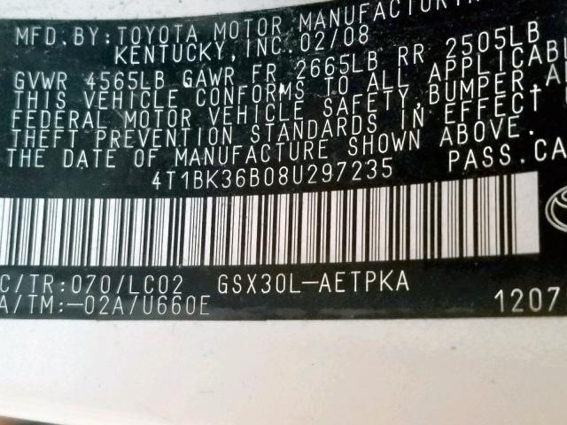 4T1BK36B08U297235 - 2008 TOYOTA AVALON XL WHITE photo 10