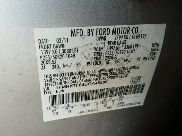 1FMHK7F84BGA46388 - 2011 FORD EXPLORER L SILVER photo 10