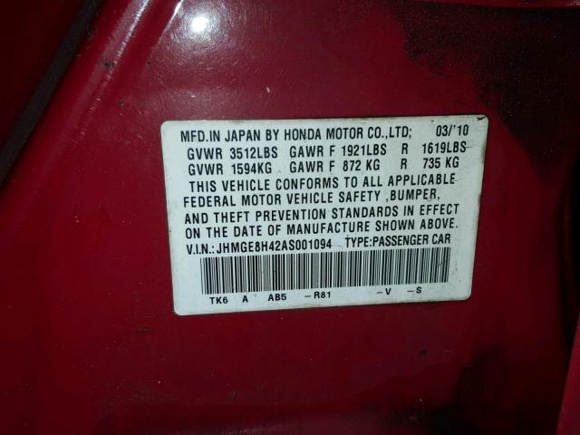 JHMGE8H42AS001094 - 2010 HONDA FIT SPORT RED photo 10