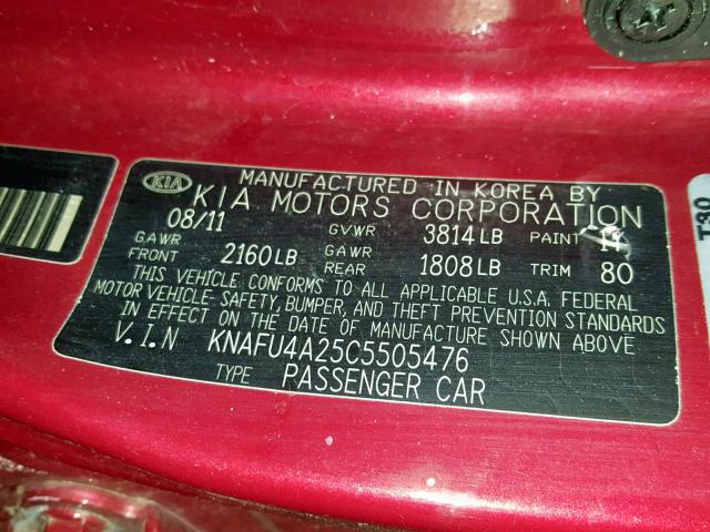 KNAFU4A25C5505476 - 2012 KIA FORTE EX RED photo 10