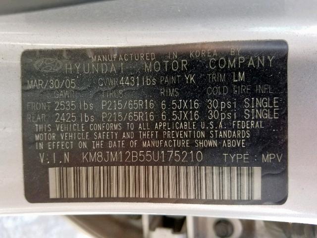 KM8JM12B55U175210 - 2005 HYUNDAI TUCSON GL SILVER photo 10