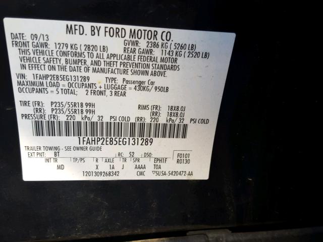 1FAHP2E85EG131289 - 2014 FORD TAURUS SEL BLACK photo 10