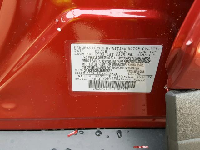 3N1CP5CU4JL502537 - 2018 NISSAN KICKS S RED photo 10