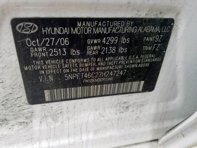 5NPET46C27H247247 - 2007 HYUNDAI SONATA GLS WHITE photo 10