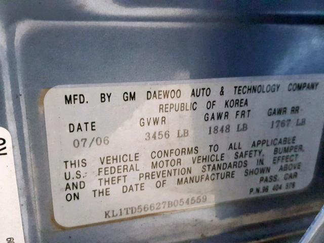 KL1TD56627B054559 - 2007 CHEVROLET AVEO BASE Blau Foto 10