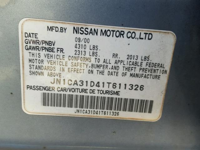 JN1CA31D41T611326 - 2001 NISSAN MAXIMA GXE BLUE photo 10