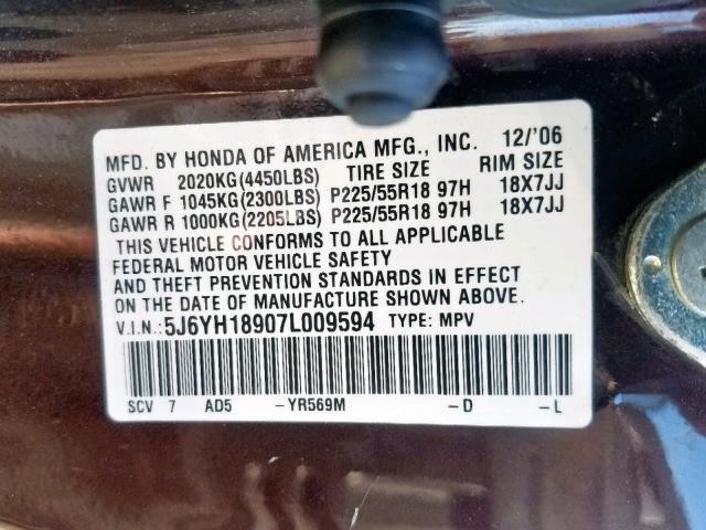 5J6YH18907L009594 - 2007 HONDA ELEMENT SC BURGUNDY photo 10