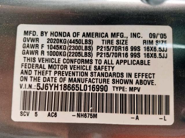 5J6YH18665L016990 - 2005 HONDA ELEMENT EX GRAY photo 10