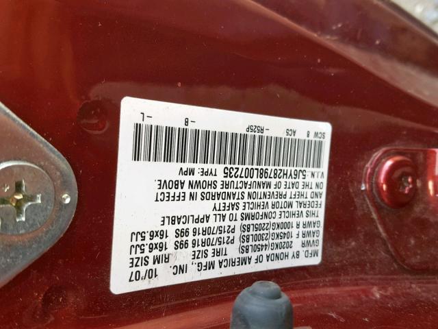 5J6YH28798L007235 - 2008 HONDA ELEMENT EX RED photo 10