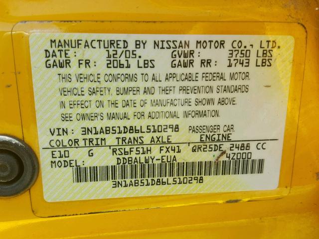 3N1AB51D86L510298 - 2006 NISSAN SENTRA SE- YELLOW photo 10