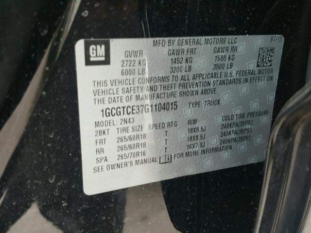 1GCGTCE37G1104015 - 2016 CHEVROLET COLORADO L BLACK photo 10