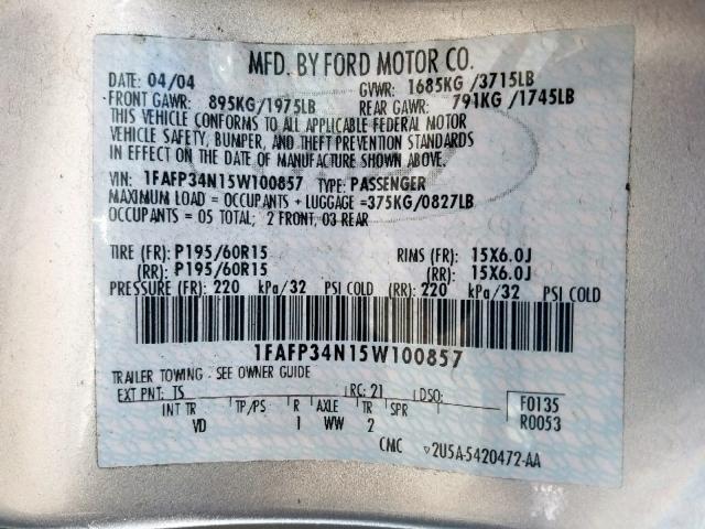 1FAFP34N15W100857 - 2005 FORD FOCUS ZX4 SILVER photo 10