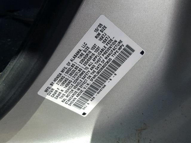 5FNRL38206B023620 - 2006 HONDA ODYSSEY LX SILVER photo 10