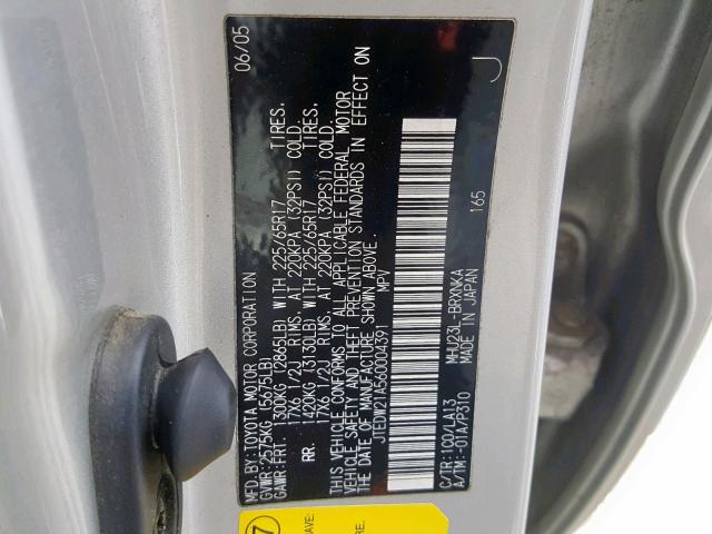 JTEDW21A560004391 - 2006 TOYOTA HIGHLANDER SILVER photo 10