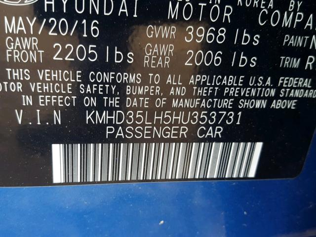 KMHD35LH5HU353731 - 2017 HYUNDAI ELANTRA GT BLUE photo 10