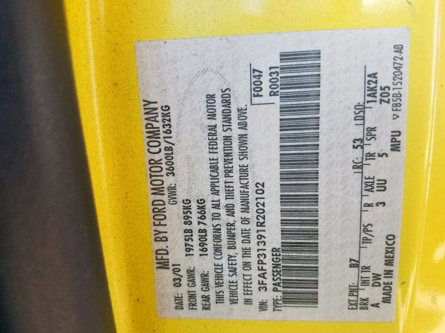 3FAFP31391R202102 - 2001 FORD FOCUS ZX3 YELLOW photo 10