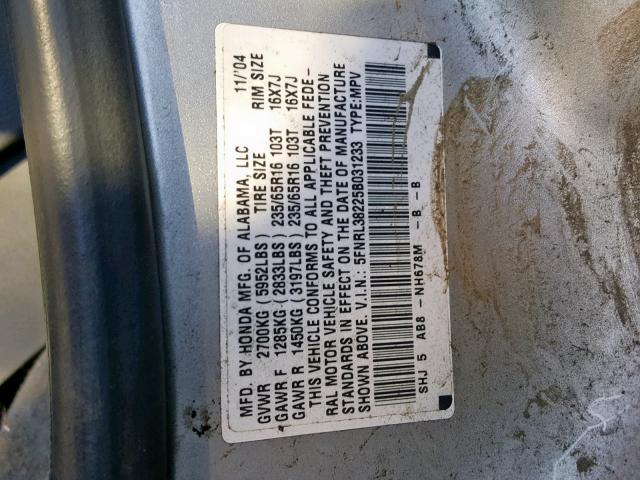 5FNRL38225B031233 - 2005 HONDA ODYSSEY LX SILVER photo 10