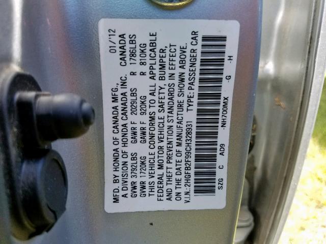 2HGFB2F99CH328931 - 2012 HONDA CIVIC EXL 银色 照片 10