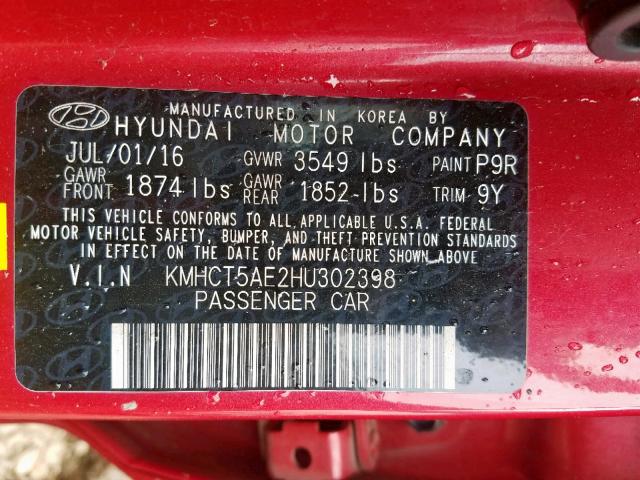 KMHCT5AE2HU302398 - 2017 HYUNDAI ACCENT SE RED photo 10