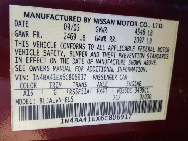 1N4BA41EX6C806917 - 2006 NISSAN MAXIMA SE BURGUNDY photo 10