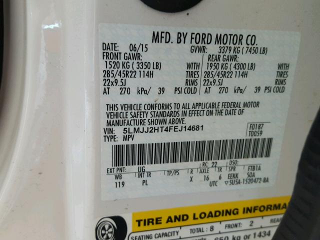 5LMJJ2HT4FEJ14681 - 2015 LINCOLN NAVIGATOR Ақ фото 10