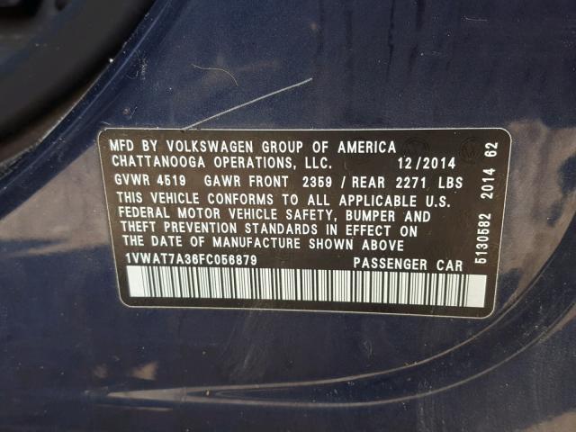 1VWAT7A36FC056879 - 2015 VOLKSWAGEN PASSAT S BLUE photo 10