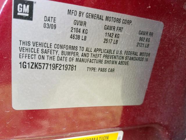 1G1ZK57719F219781 - 2009 CHEVROLET MALIBU LTZ ბურგუნდია ფოტო 10