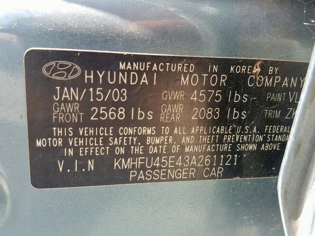 KMHFU45E43A261121 - 2003 HYUNDAI XG 350 GREEN photo 10