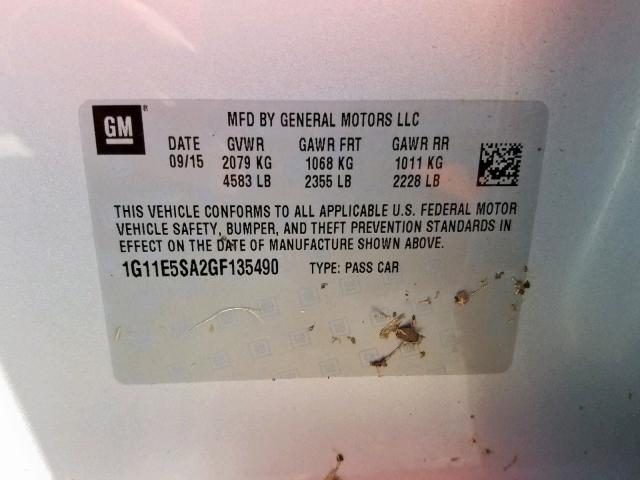 1G11E5SA2GF135490 - 2016 CHEVROLET MALIBU LIM 银色 照片 10