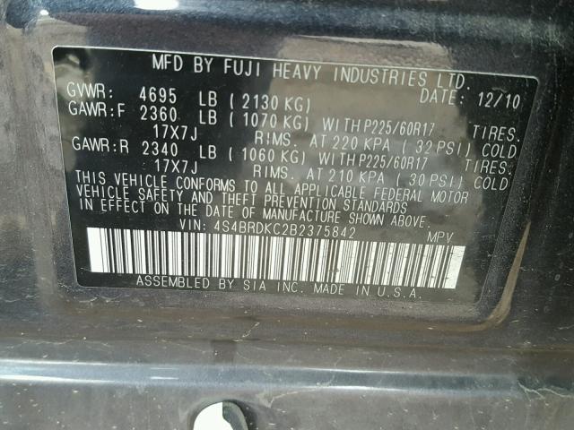 4S4BRDKC2B2375842 - 2011 SUBARU OUTBACK 3. SILVER photo 10