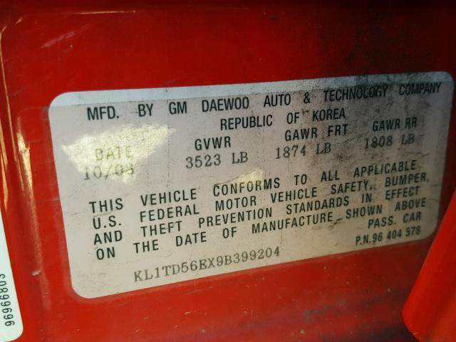 KL1TD56EX9B399204 - 2009 CHEVROLET AVEO LS RED photo 10