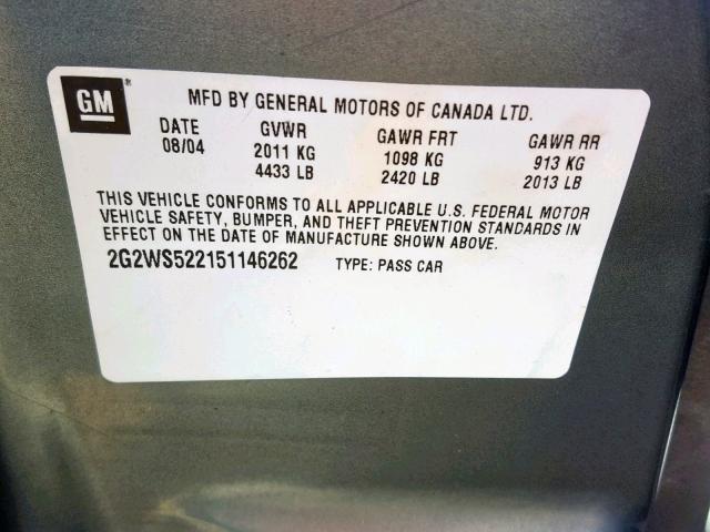 2G2WS522151146262 - 2005 PONTIAC GRAND PRIX GRAY photo 10