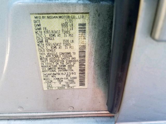 5N1AR18W76C622591 - 2006 NISSAN PATHFINDER SILVER photo 10