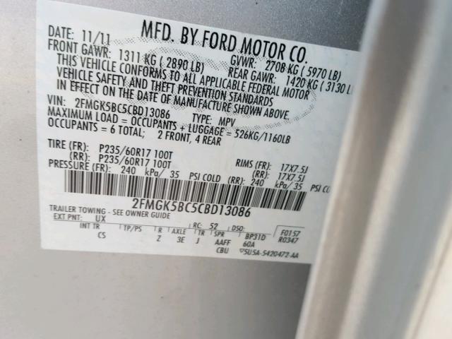 2FMGK5BC5CBD13086 - 2012 FORD FLEX SE SILVER photo 10