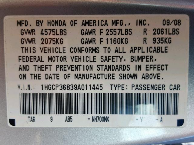 1HGCP36839A011445 - 2009 HONDA ACCORD EXL SILVER photo 10