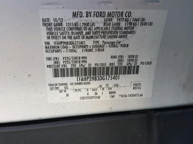 1FAHP2H83DG175401 - 2013 FORD TAURUS SEL WHITE photo 10