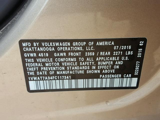 1VWAT7A34FC117341 - 2015 VOLKSWAGEN PASSAT S SILVER photo 10