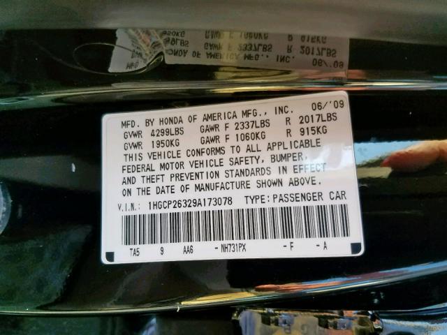 1HGCP26329A173078 - 2009 HONDA ACCORD LX BLACK photo 10