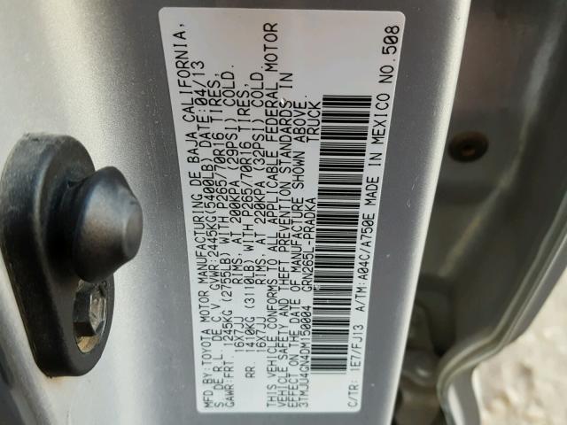 3TMJU4GN4DM150004 - 2013 TOYOTA TACOMA DOU SILVER photo 10