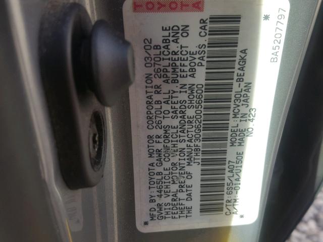 JTHBF30G620056600 - 2002 LEXUS ES 300 GRAY photo 10