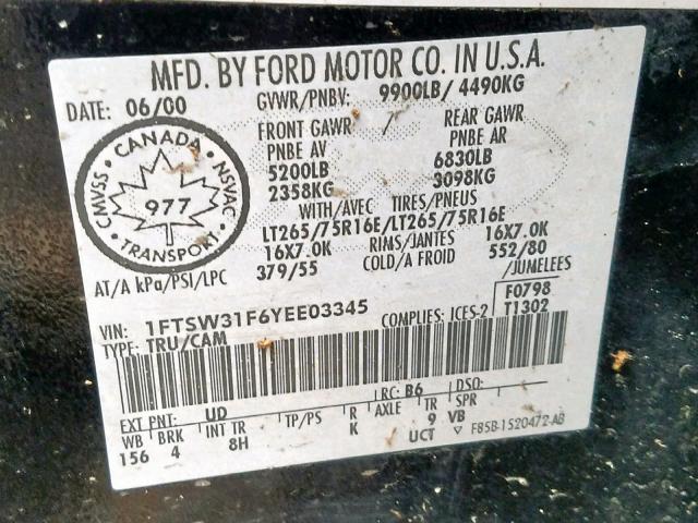 1FTSW31F6YEE03345 - 2000 FORD F350 SRW S BLACK photo 10