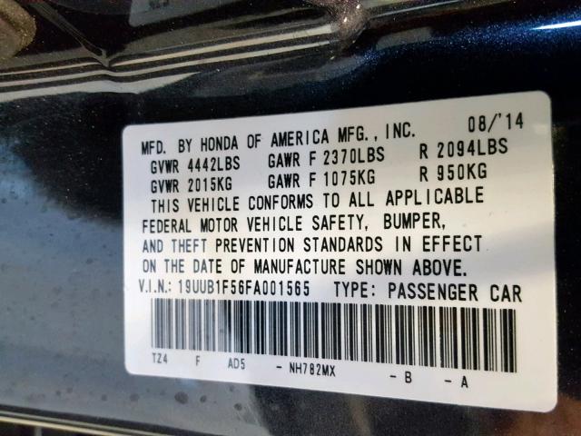 19UUB1F56FA001565 - 2015 ACURA TLX TECH GRAY photo 10