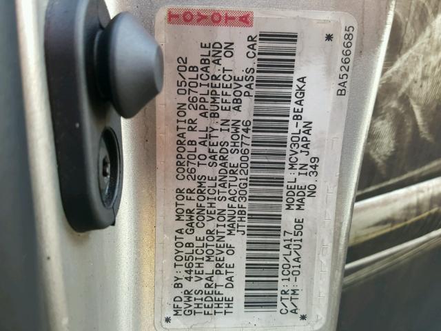 JTHBF30G120067746 - 2002 LEXUS ES 300 SILVER photo 10