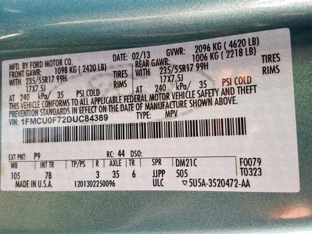 1FMCU0F72DUC84389 - 2013 FORD ESCAPE S TEAL photo 10