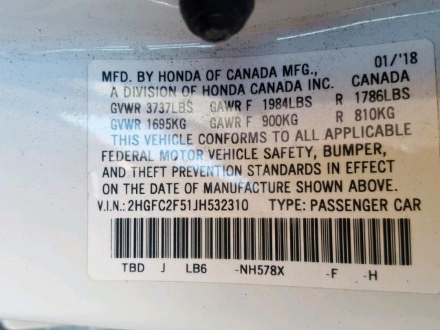 2HGFC2F51JH532310 - 2018 HONDA CIVIC LX WHITE photo 10