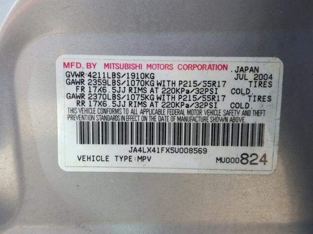 JA4LX41FX5U008569 - 2005 MITSUBISHI OUTLANDER SILVER photo 10