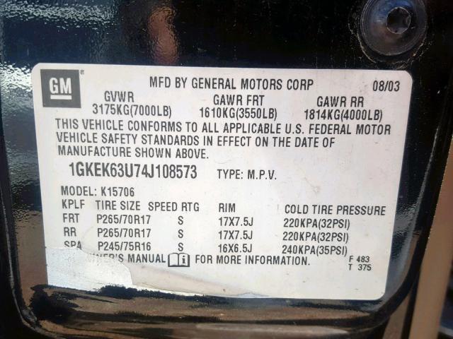 1GKEK63U74J108573 - 2004 GMC YUKON DENA BLACK photo 10