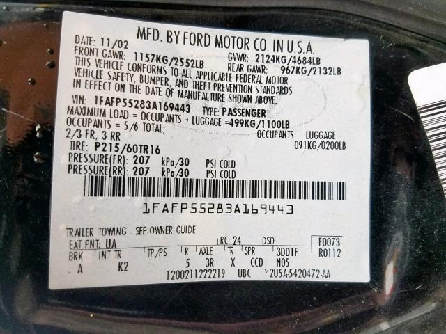 1FAFP55283A169443 - 2003 FORD TAURUS SES BLACK photo 10