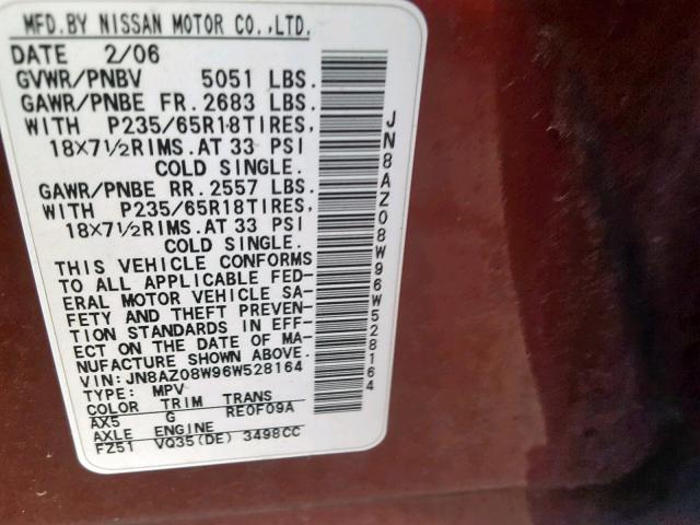 JN8AZ08W96W528164 - 2006 NISSAN MURANO SL BURGUNDY photo 10