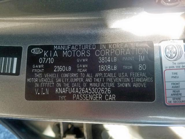 KNAFU4A26A5302626 - 2010 KIA FORTE EX GRAY photo 10